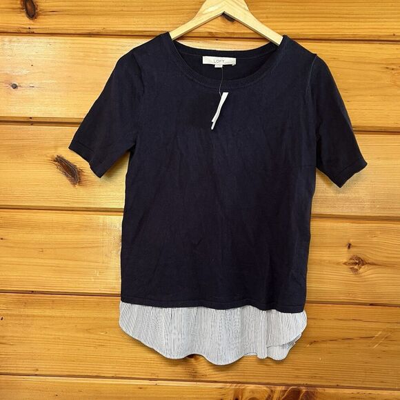 NWT-LOFT Navy Spotted Mixed Media Crossover Back Short Sleeve Sweater Top-XS - Picture 2 of 4